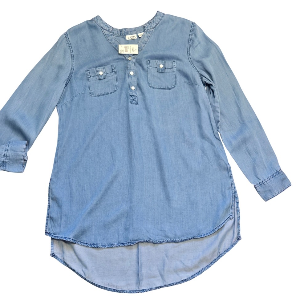 Cato NWT Womens Blue 100% Tencel Tunic Top Long Sleeve High Low Hem Size L NEW